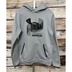 Under Armour Boys Gray Black Fleece Hoodie Pullover Logo Sweatshirt Youth Large